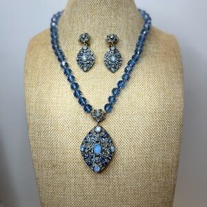 Heidi Daus Blue Crystals and Gold Locket Pendant and Earring Set